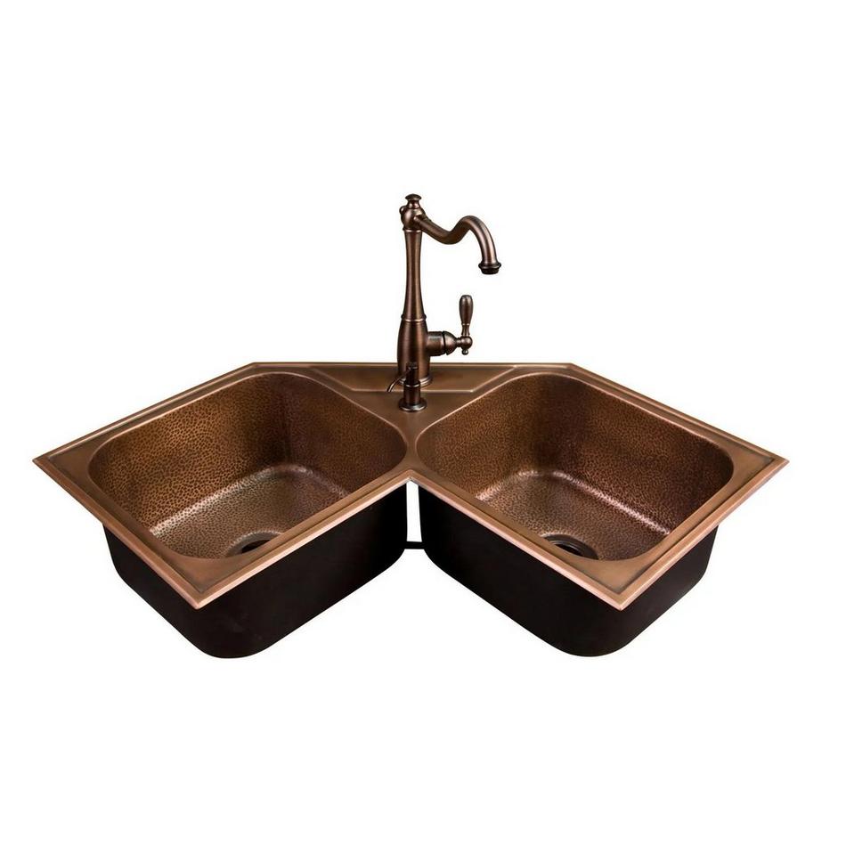 Hammered Copper Double-Bowl Drop-in Corner Sink, , large image number 0