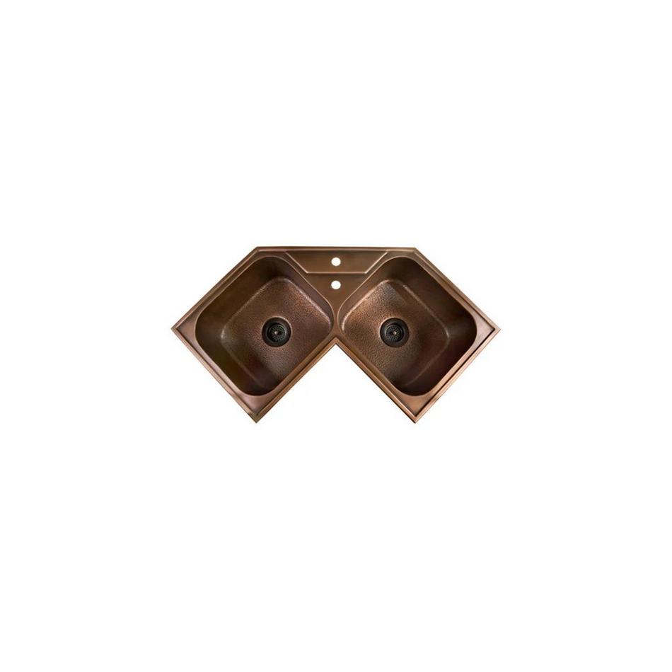 Hammered Copper Double-Bowl Drop-in Corner Sink, , large image number 1