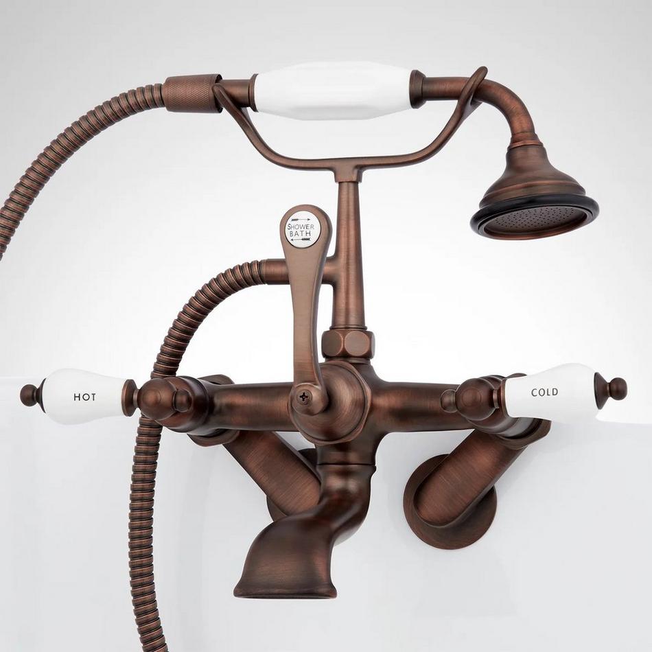 Tub Wall-Mount Telephone Faucet with Hand Shower - Porcelain Lever Handle - Bronze, , large image number 1