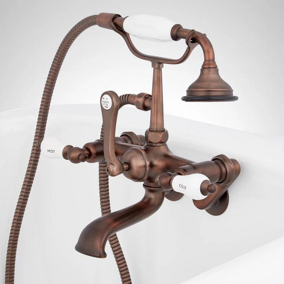 Tub Wall-Mount Telephone Faucet with Hand Shower - Porcelain Lever Handle - Bronze, , large image number 3