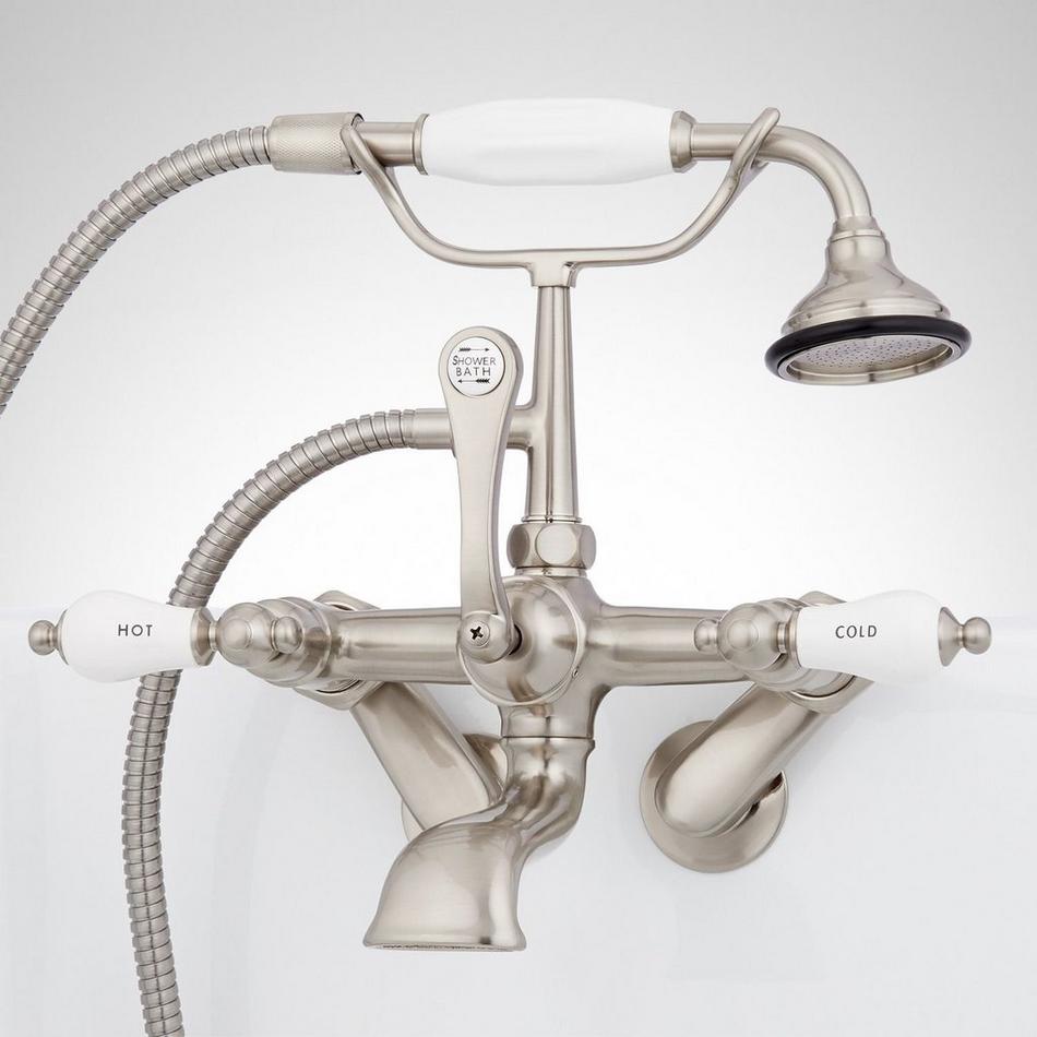 Tub Wall-Mount Telephone Faucet with Hand Shower - Porcelain Levers - Brushed Nickel, , large image number 1
