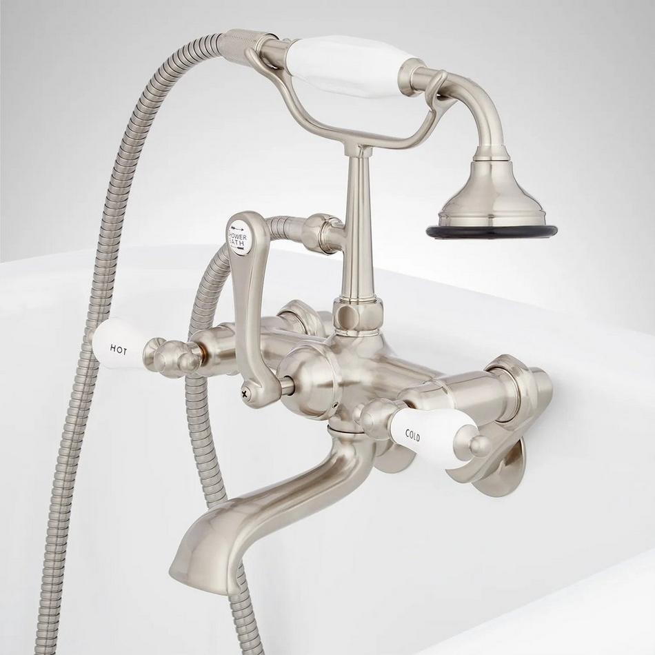 Tub Wall-Mount Telephone Faucet with Hand Shower - Porcelain Levers - Brushed Nickel, , large image number 3