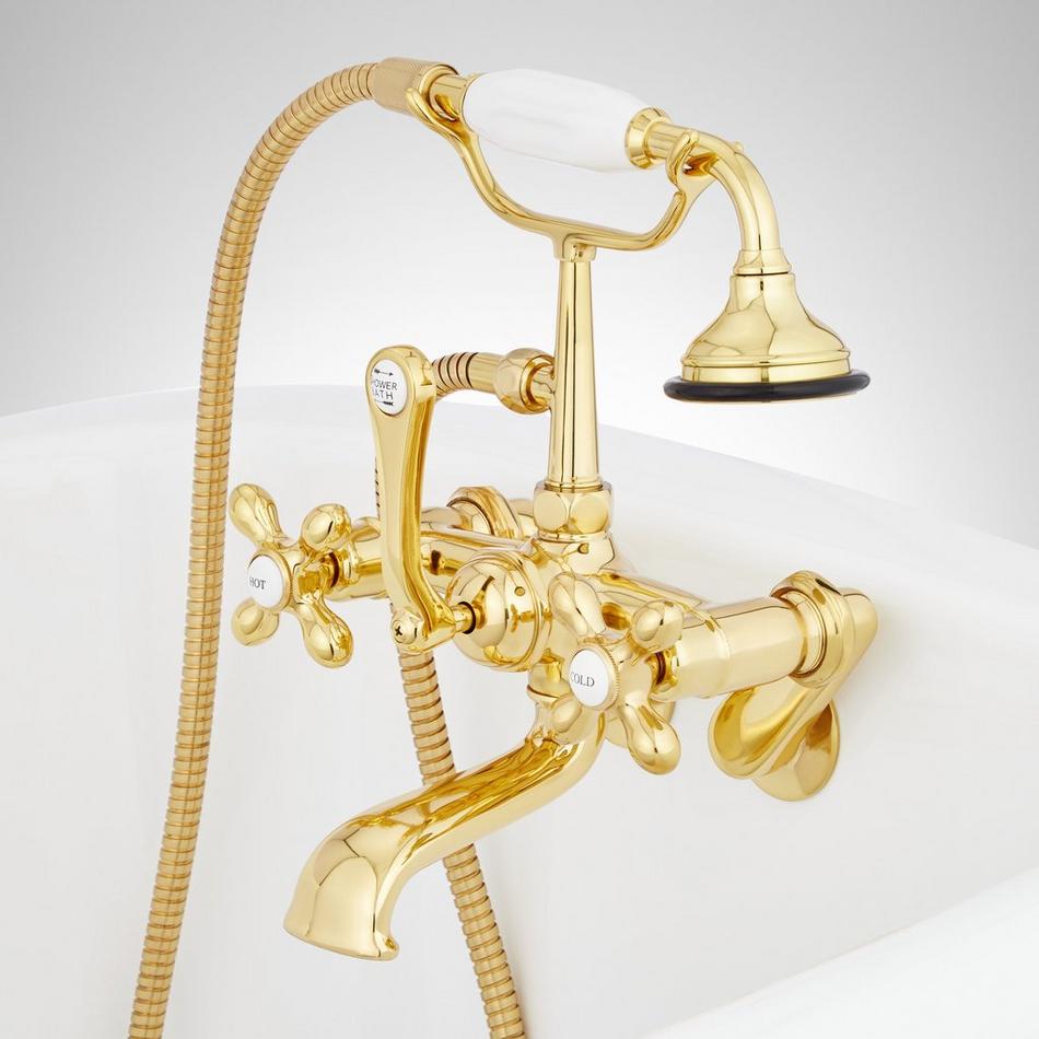 Tub Wall-Mount Telephone Faucet and Hand Shower - Cross Handles - Polished Brass, , large image number 1