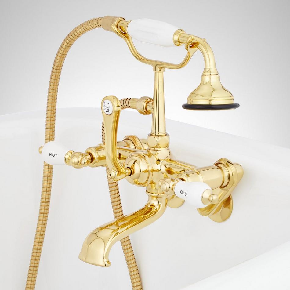 Tub Wall-Mount Telephone Faucet with Hand Shower - Porcelain Lever Handle - Polished Brass, , large image number 2