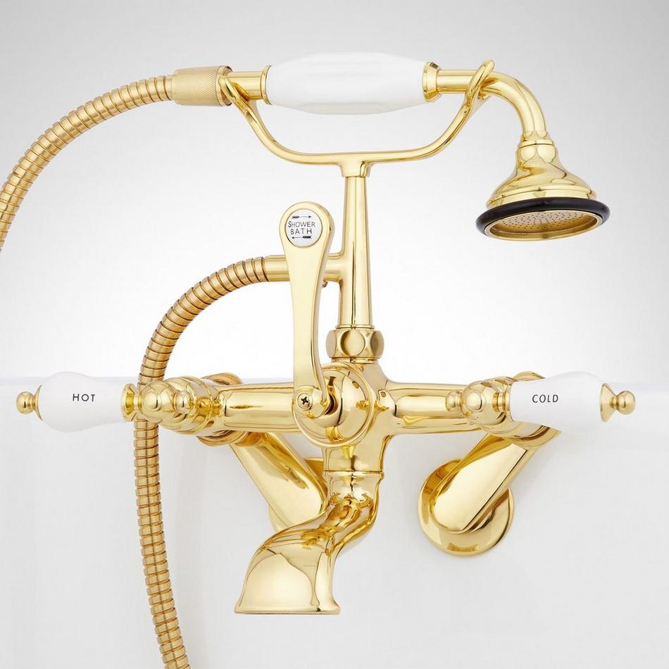 Tub Wall-Mount Telephone Faucet with Hand Shower - Porcelain Lever Handle - Polished Brass, , large image number 1
