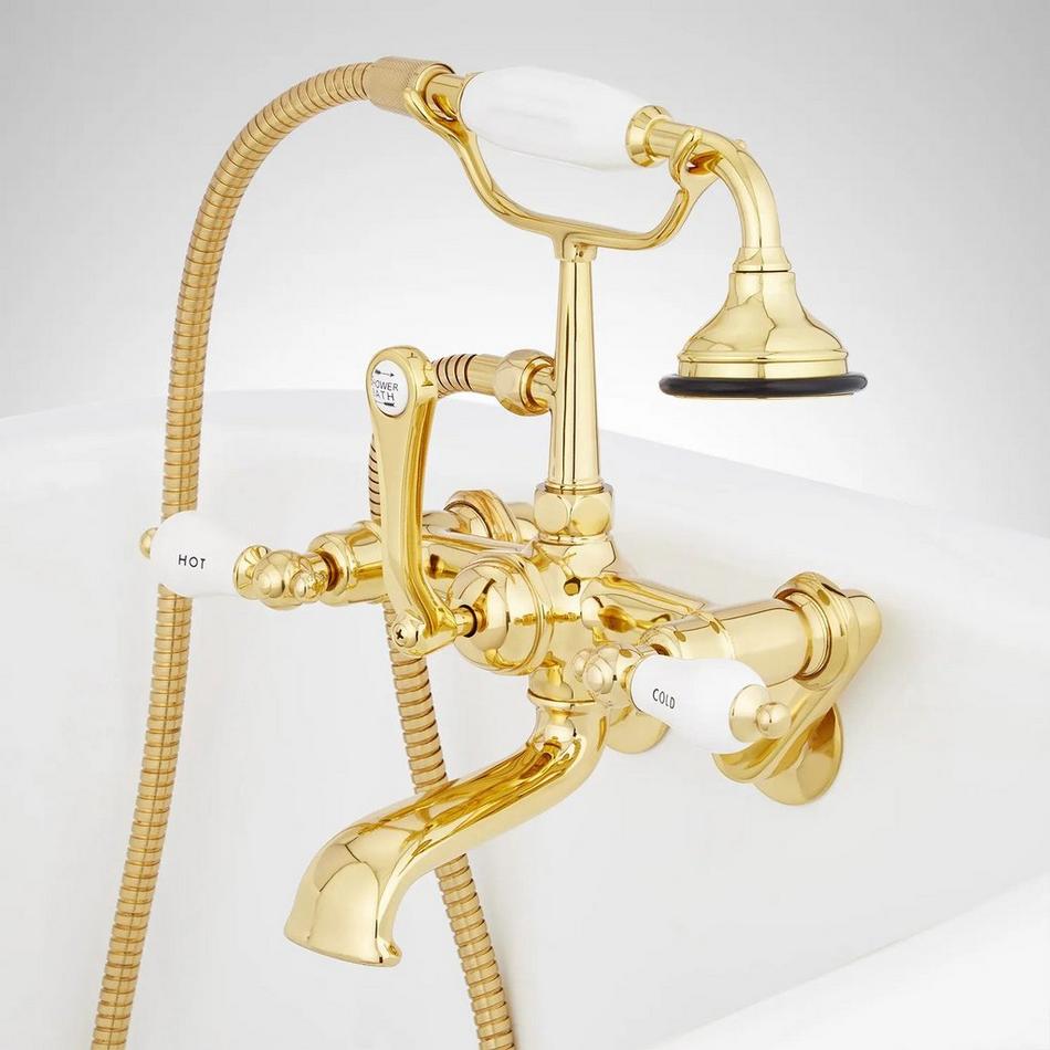 Tub Wall-Mount Telephone Faucet with Hand Shower - Porcelain Lever Handle - Polished Brass, , large image number 3