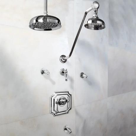 Vintage Pressure Balance Shower System - Dual Shower Heads and 3 Body Sprays - Lever Handle