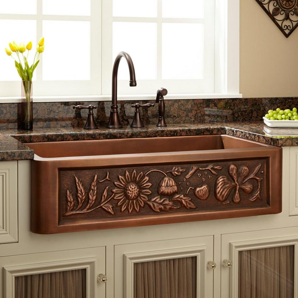 36" Floral Design Copper Farmhouse Sink, , large image number 0