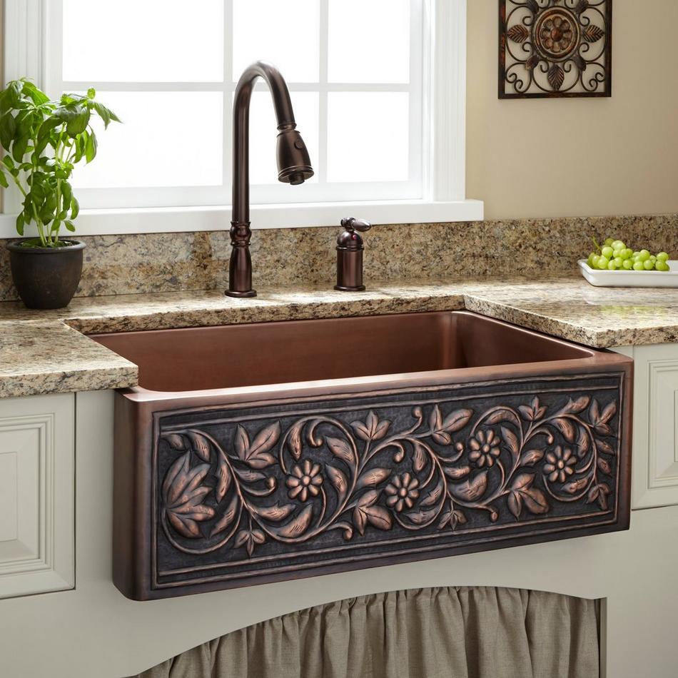 30" Vine Design Copper Farmhouse Sink, , large image number 0