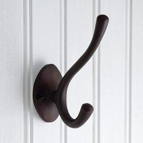 Solid Bronze Double Coat Hook with Oval Backplate - Bronze Patina
