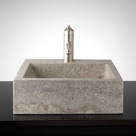 Square Polished Travertine Tall Vessel Sink - Silver Travertine