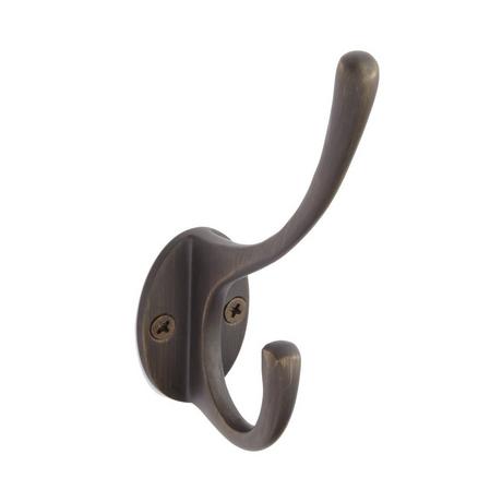 Solid Bronze Double Coat Hook with Teardrop Backplate - Bronze Patina