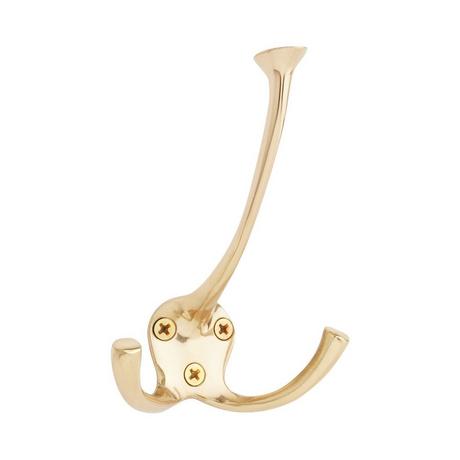 Signature Hardware 910677 1-1/4 inch Wide Double Coat and Hat Hook Polished Brass Hooks Coat and Hat Hooks