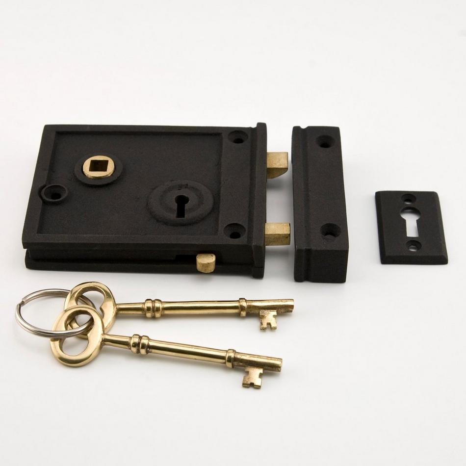 Horizontal Iron Rim Lock Set - Black Powder Coat, , large image number 0