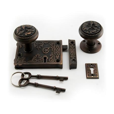 Ornamental Solid Brass Rim Lock Set with Knobs - Oil Rubbed Bronze