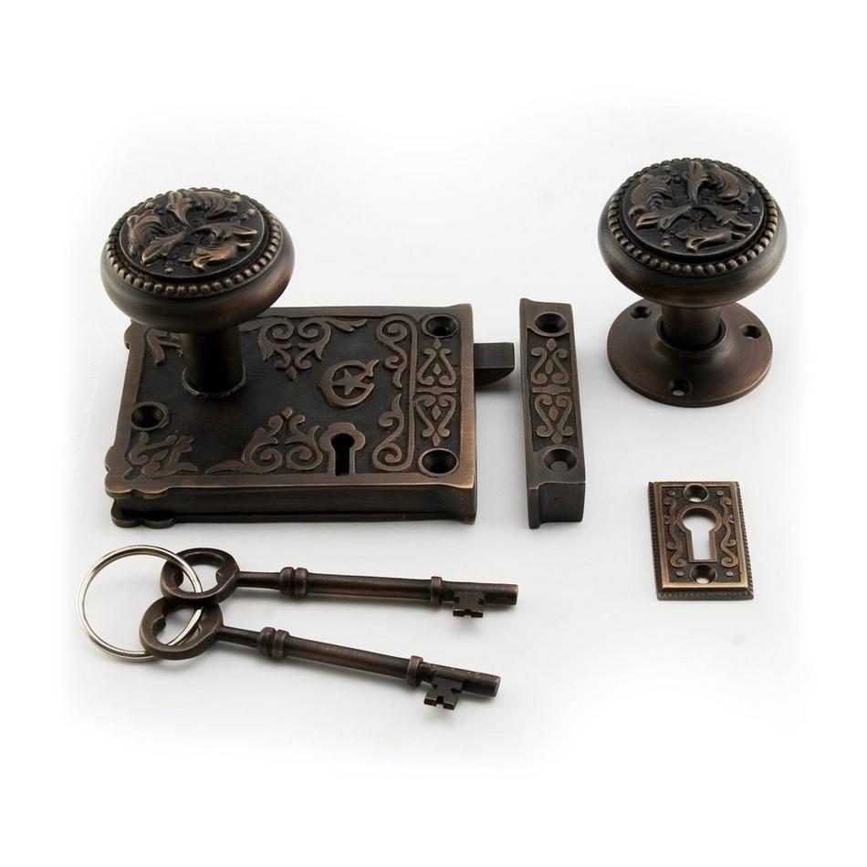 Ornamental Solid Brass Rim Lock Set with Knobs - Oil Rubbed Bronze, , large image number 0