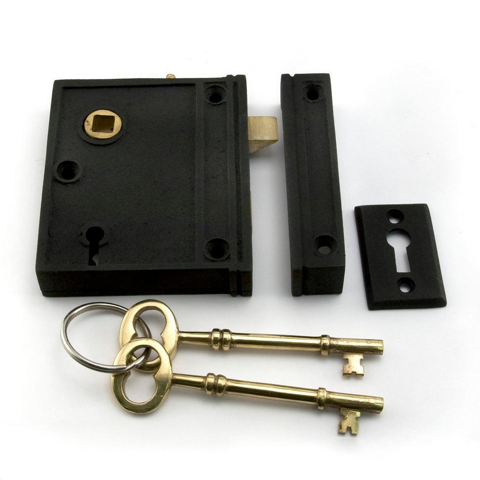 Vertical Iron Rim Lock Set - Black Powder Coat, , large image number 0