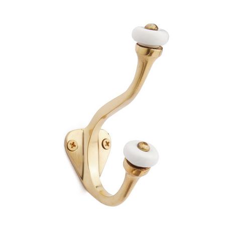 Linwood Brass Double Hook with Porcelain Knobs