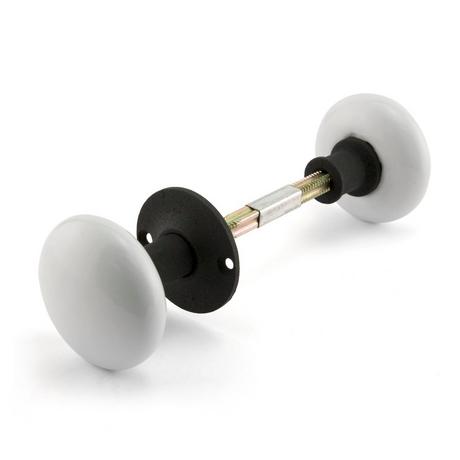 Pair of White Ceramic Doorknobs for Rim Locks - Iron Shanks - Black Powder Coat