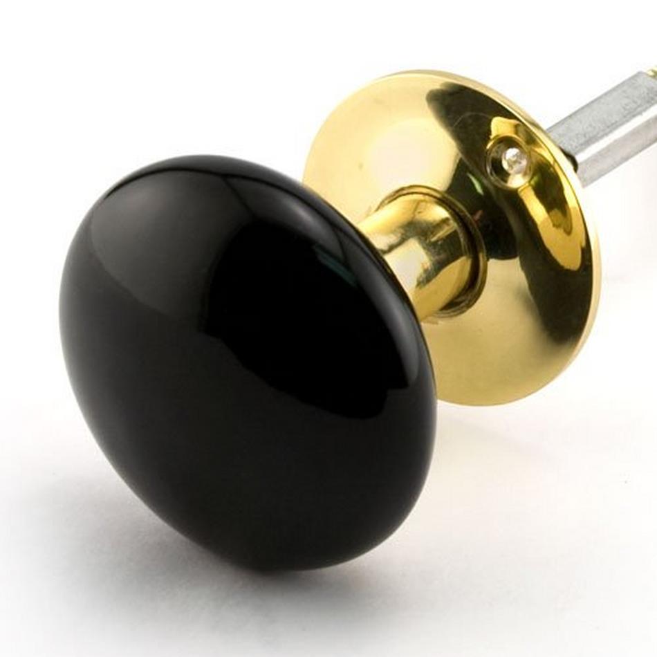 Pair of Black Ceramic Doorknobs for Rim Locks - Iron Shanks - Black Powder Coat, , large image number 1