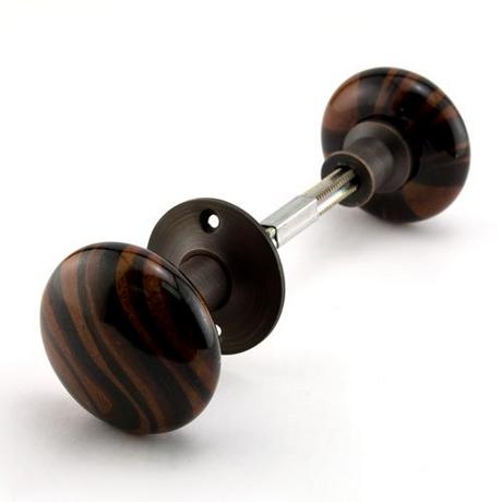 Pair of Striped Brown Ceramic Doorknobs for Rim Locks