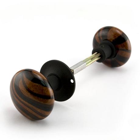 Striped Brown Ceramic Doorknobs for Rim Locks - Iron Shanks - Black Powder Coat