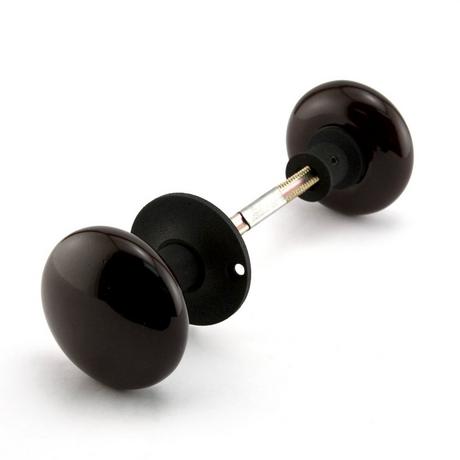 Brown Ceramic Doorknobs for Rim Locks - Iron Shanks - Black Powder Coat