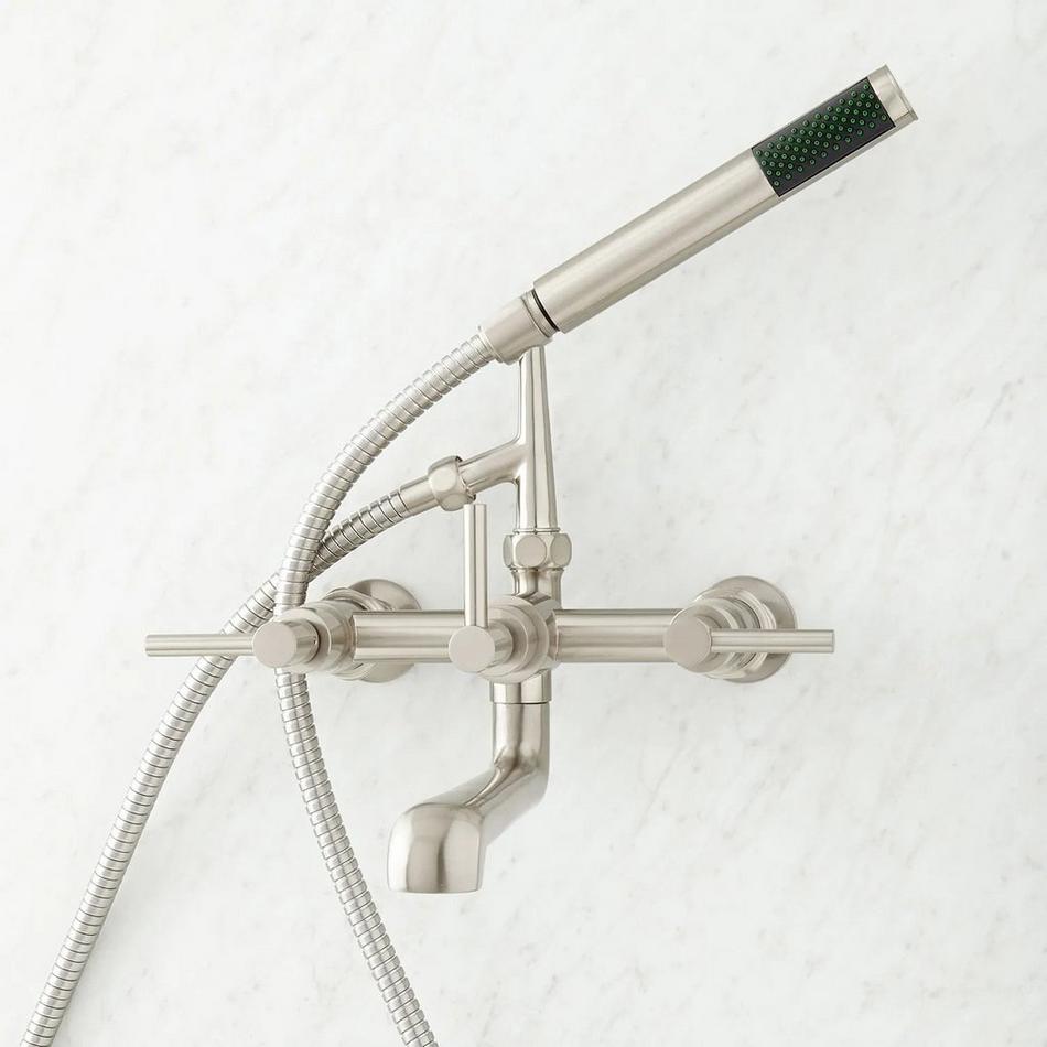 Modern Wall-Mount Tub Faucet and Modern Hand Shower with 4" Wall Couplers - Lever Handles - Nickel, , large image number 1
