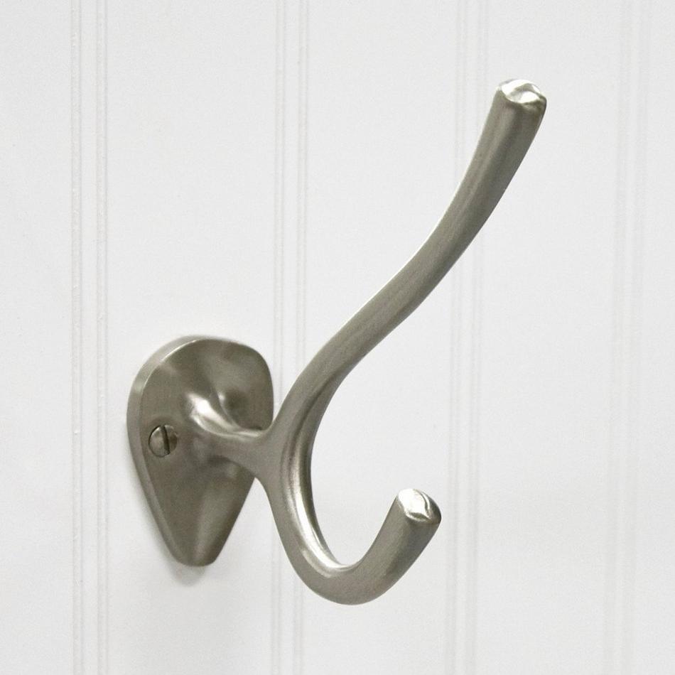 Solid Brass Double Coat Hook with Teardrop Backplate - Brushed