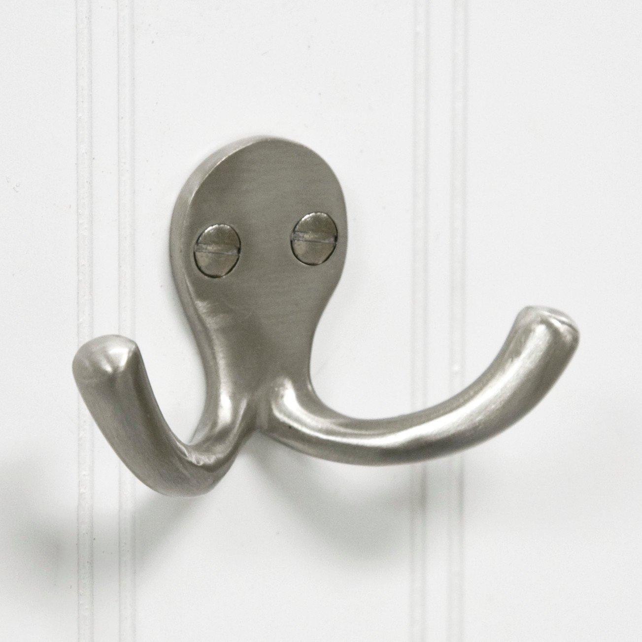 Signature Hardware 251363 Solid Brass Small Double Coat Hook - Nickel, Silver