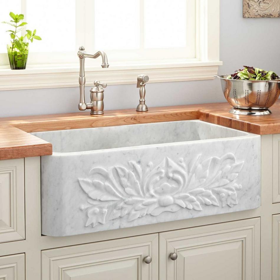30" Ivy Polished Marble Farmhouse Sink - Carrara, , large image number 0