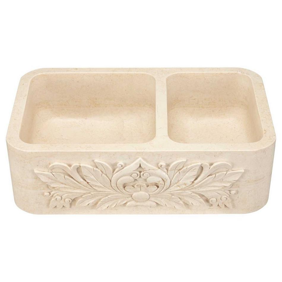 36" Ivy 60/40 Offset Double-Bowl Polished Marble Farmhouse Sink - Cream Egyptian, , large image number 1