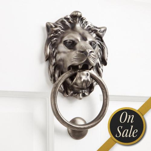 Large Iron Lion Door Knocker in Antique Pewter