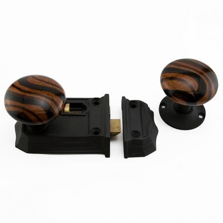 Cast Iron Privacy Rim Lock with Striped Brown Porcelain Knobs