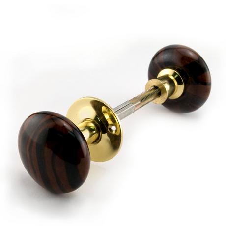 Horizontal Brass Rim Lock Set with Striped Brown Porcelain Knobs - Polished Brass