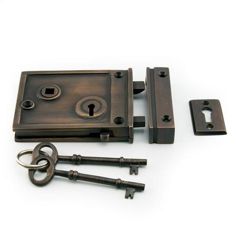 Horizontal Brass Rim Lock Set with Black Porcelain Knobs