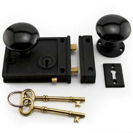 Horizontal Iron Rim Lock Set with Black Porcelain Knobs - Black Powder Coat