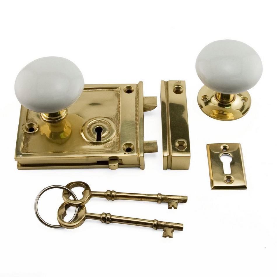 Horizontal Solid Brass Rim Lock Set with Porcelain Knobs, , large image number 1