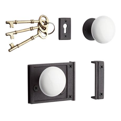 Horizontal Iron Rim Lock Set with Porcelain Knobs - Black Powder Coat