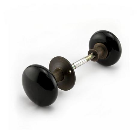 Damask Brass Rim Lock Set with Black Porcelain Knobs