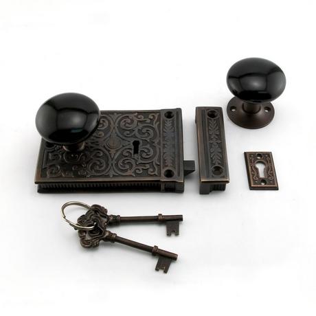 Damask Brass Rim Lock Set with Black Porcelain Knobs