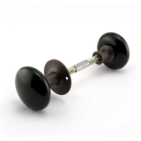 Small Solid Brass Rim Latch Set with Black Porcelain Knobs