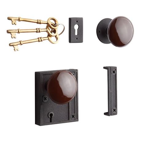 Vertical Iron Rim Lock Set with Brown Porcelain Knobs - Black Powder Coat