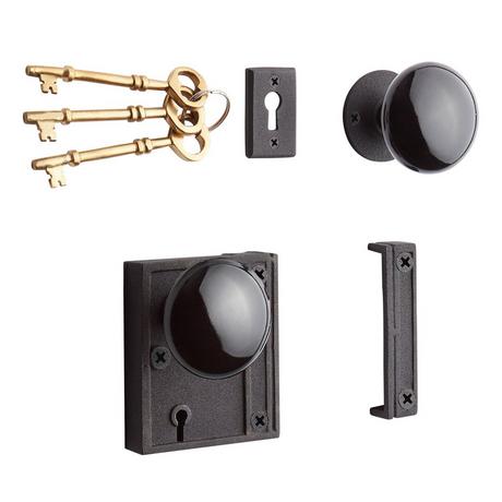Vertical Iron Rim Lock Set with Black Porcelain Knobs - Black Powder Coat