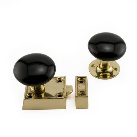 Small Solid Brass Rim Latch Set with Black Porcelain Knobs