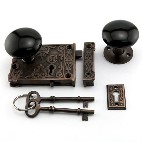 Ornate Solid Brass Rim Lock Set with Black Porcelain Knobs