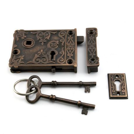 Ornate Solid Brass Rim Lock Set with Porcelain Knobs
