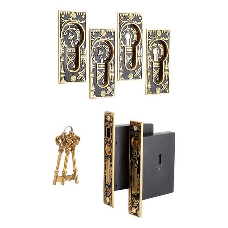 Small Leaf Double Pocket Door Mortise Lock - Privacy - Blackened Brass