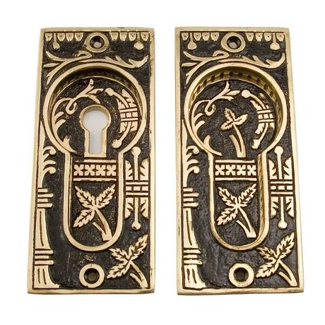 Small Leaf Double Pocket Door Mortise Lock - Privacy - Blackened Brass