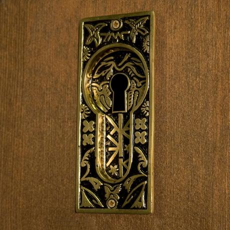 Butterfly Recessed Pocket Door Flush Pull with Keyhole - Blackened Brass